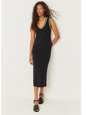 NWT SKFK Skunkfunk Ihara Midi Dress Organic Cotton Rainbow Trim Black US 6